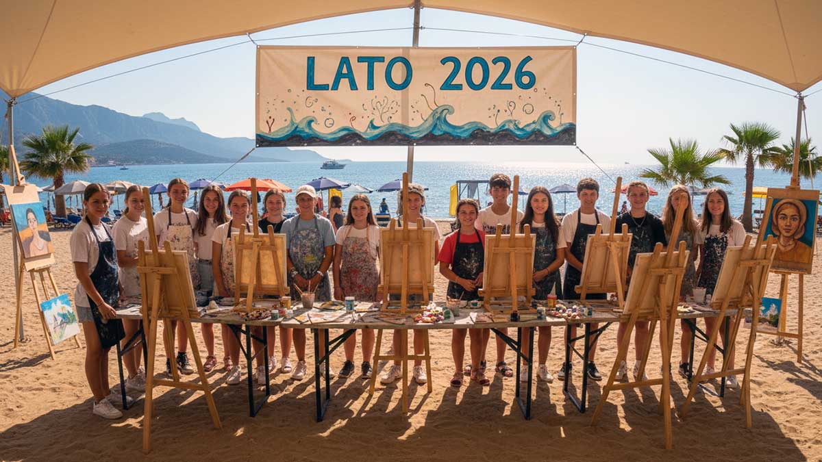 Grupa dzieci przy sztalugach na warsztatach plastycznych